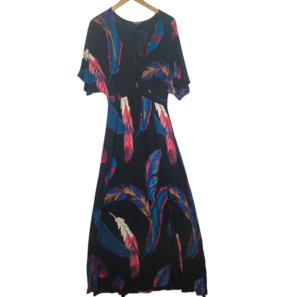 Express Small Black Tropical Feather Print V-Neck Maxi Dress Flutter Sleeve